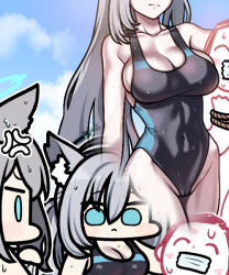 Rule 34 | 1boy, 2girls, :&lt;, anger vein, animal ears, doodle sensei (blue archive), blue archive, blue eyes, breasts, cameltoe, chibi, cleavage, competition swimsuit, covered navel, gag, gagged, gagged male, grey hair, groin, hair between eyes, hair ornament, hairclip, halo, improvised gag, jazz jack, large breasts, lipstick mark, long hair, multiple girls, one-piece swimsuit, sensei (blue archive), shiroko (blue archive), shiroko terror (blue archive), sweatdrop, swimsuit, tape, tape gag, wet