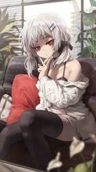 Rule 34 | 1girl, black bow, black bra, black thighhighs, bow, bra, closed mouth, commission, couch, expressionless, grey hair, hair bow, hair ornament, hairclip, highres, indoors, looking at viewer, low twintails, melaton, original, plant, red eyes, short hair, short twintails, sitting, skeb commission, solo, thighhighs, twintails, underwear, v, v over mouth, window