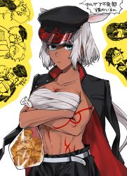 Rule 34 | 4boys, 4girls, abs, alternate costume, ashwatthama (fate), bag, banchou, bandages, belt, black headwear, black jacket, black pants, blue eyes, body markings, breasts, caenis (fate), chibi, cleavage, collarbone, croissant, crossed arms, dark-skinned female, dark skin, delinquent, english text, engrish text, fate/apocrypha, fate/grand order, fate (series), food, frankenstein&#039;s monster (fate), gangster, goredolf musik, hat, highres, jacket, jacket on shoulders, jeanne d&#039;arc (fate), jeanne d&#039;arc alter (avenger) (fate), jeanne d&#039;arc alter (fate), karna (fate), large breasts, long hair, long sleeves, looking at viewer, mandricardo (fate), mordred (fate), mordred (fate/apocrypha), multiple boys, multiple girls, navel, open mouth, pants, peaked cap, ranguage, reito6, sarashi, silver hair, solo focus, tattoo, yan qing (fate)