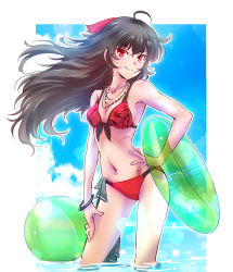 Rule 34 | &gt;:), 1girl, ahoge, armpits, ball, bangle, beach, beachball, bikini, black hair, blue sky, blurry, bokeh, bracelet, breasts, cleavage, cloud, commentary request, contrapposto, day, depth of field, front-tie bikini top, front-tie top, green innertube, hair ornament, hand on own hip, hand on own thigh, highres, iesupa, innertube, jewelry, long hair, mature female, navel, necklace, outdoors, raven branwen, red bikini, red eyes, rwby, scar, sky, small breasts, smile, solo, standing, swim ring, swimsuit, transparent, v-shaped eyebrows, wading, water