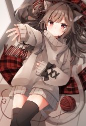 Rule 34 | 1girl, animal ear fluff, animal ears, black thighhighs, blush, brown hair, checkered clothes, checkered scarf, dress, grey hair, heripiro, highres, long hair, looking at viewer, lying, on back, original, reaching, reaching towards viewer, red eyes, scarf, unworn scarf, solo, sweater, sweater dress, tail, thighhighs