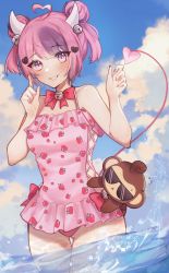 Rule 34 | absurdres, bell, blush, breasts, cloud, commentary, demon girl, demon horns, demon tail, double bun, english commentary, hair bun, hair ornament, heart, heart hair ornament, highres, horns, ironmouse, ironmouse (swimsuit), looking at viewer, monkey, multicolored hair, nail polish, one-piece swimsuit, pink one-piece swimsuit, purple eyes, purple hair, sky, small breasts, smile, solo, streaked hair, sunglasses, swimsuit, swimsuit skirt, tail, tako yuui, virtual youtuber, vshojo