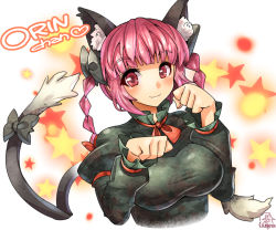 Rule 34 | 1girl, animal ears, bow, braid, breasts, cat ears, cat tail, dress, green dress, hair bow, impossible clothes, impossible shirt, juliet sleeves, kaenbyou rin, large breasts, long sleeves, multiple tails, nekomata, paw pose, puffy sleeves, red eyes, red hair, shirt, smile, solo, star (symbol), tail, tail bow, tail ornament, taut clothes, taut shirt, touhou, twin braids, umigarasu (kitsune1963)