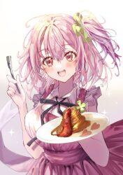 Rule 34 | 1girl, :d, assault lily, black ribbon, blush, breasts, cake, clover, commentary request, dress, food, fork, four-leaf clover, frilled shirt, frills, gradient background, grey background, hair between eyes, hands up, highres, hitotsuyanagi riri, holding, holding fork, holding plate, looking at viewer, medium breasts, medium hair, neck ribbon, one side up, open mouth, pinafore dress, pink dress, pink eyes, pink hair, plate, pohjola, ribbon, school uniform, shirt, sleeveless, sleeveless dress, sleeveless shirt, smile, solo, sparkle, standing, teeth, upper body, upper teeth only, white background, yurigaoka girls academy school uniform