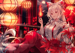 Rule 34 | 1girl, absurdly long hair, blouse, bow, cigarette, cloud, collared shirt, commentary, feet out of frame, fire, fire, fujiwara no mokou, full moon, hair between eyes, hair bow, highres, lantern, leaf, long hair, looking at viewer, maple leaf, miyu (miy u1308), moon, mouth hold, ofuda, ofuda on clothes, pants, railing, red eyes, red pants, shirt, short sleeves, sitting, smile, smoke, smoking, solo, suspenders, touhou, very long hair, white bow, white hair, white shirt