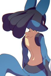 Rule 34 | 1boy, animal ears, arms at sides, back, back focus, black fur, blue fur, blurry, body fur, chromatic aberration, closed mouth, creatures (company), depth of field, from behind, furry, furry male, game freak, gen 4 pokemon, highres, lucario, male focus, multicolored fur, nintendo, pokemon, pokemon (creature), red eyes, simple background, snout, solo, standing, syuya, tail, upper body, white background, wolf boy, wolf ears, wolf tail, yellow fur