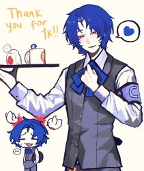Rule 34 | 1boy, armband, black vest, blue armband, blue bow, blue bowtie, blue hair, bow, bowtie, chesed (project moon), collared shirt, english text, hand up, heart, highres, holding, holding tray, lobotomy corporation, long sleeves, multiple views, parted bangs, parted lips, project moon, punishing bird, shirt, smile, speech bubble, spoken heart, tray, vest, white shirt, yellow eyes, zygyzy 031