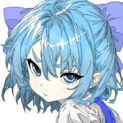 Rule 34 | 1girl, angry, blue bow, blue dress, blue eyes, blue hair, bow, cirno, colored skin, dress, fairy, frozen, hair bow, ice, looking at viewer, looking to the side, messy hair, pale skin, pi t w o, shirt, solo focus, tomboy, touhou, white shirt, white skin