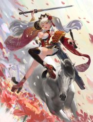 Rule 34 | absurdres, blush, breasts, grey hair, had (had314), hair ornament, hairclip, highres, horse, huge filesize, large breasts, long hair, open mouth, original, red eyes, shoes, skirt, solo, sword, twintails, weapon