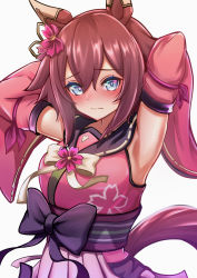 Rule 34 | 1girl, absurdres, animal ears, armpits, arms up, blue eyes, blush, breasts, collarbone, commentary request, edwaadow, flower, hair between eyes, hair flower, hair ornament, highres, horse ears, horse girl, horse tail, japanese clothes, looking at viewer, medium breasts, medium hair, sakura chiyono o (umamusume), simple background, solo, tail, umamusume, white background