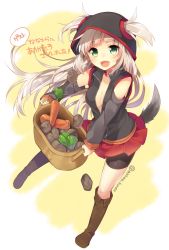 Rule 34 | 1girl, basket, bell pepper, bike shorts, boots, breasts, carrot, center opening, cleavage, fang, freon sacred (mishima kurone), green eyes, long hair, mishima kurone, open mouth, original, pepper, pleated skirt, potato, skirt, solo, tail, translation request, twitter username, unzipped, white hair
