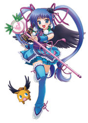 Rule 34 | 1girl, :d, blue footwear, blue hair, blue thighhighs, boots, frills, hair ribbon, happy, hat, long hair, magical girl, nanami ayane, open mouth, pig, ribbon, skirt, smile, solo, standing, standing on one leg, thighhighs, tokin hat, twintails, uju, wand, wings