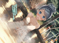 Rule 34 | 10s, 1girl, bathing, blue eyes, blush, breasts, collarbone, convenient censoring, dutch angle, hair bun, highres, imouto sae ireba ii, kani nayuta, kantoku, knees together feet apart, large breasts, looking at viewer, non-web source, novel illustration, nude, official art, onsen, open mouth, outdoors, own hands together, partially submerged, silver hair, single hair bun, solo, steam, swept bangs, towel, towel on head