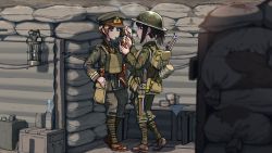 Rule 34 | 2girls, bayonet, black hair, bolt action, brown eyes, brown hair, cigarette, commentary, commission, erica (naze1940), field ration, glass bottle, gun, hat, helmet, lantern, lee-enfield, military, military uniform, multiple girls, peaked cap, pipe in mouth, puttees, rifle, sandbag, smoking pipe, soldier, tagme, tin can, trench, uniform, weapon, world war i