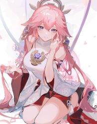Rule 34 | 1girl, absurdres, animal ears, bare shoulders, cherry blossoms, chinese knot, commentary request, detached sleeves, earrings, floral print, flower, fox ears, fox shadow puppet, from above, full body, gem, genshin impact, hand up, headpiece, highres, holding, holding own hair, jewelry, long hair, looking at viewer, nontraditional miko, parted lips, pink hair, purple eyes, purple gemstone, red skirt, seiza, sitting, skirt, smile, solo, tassel, turtleneck, vision (genshin impact), white background, wide sleeves, yae miko, yutou (yutou75)