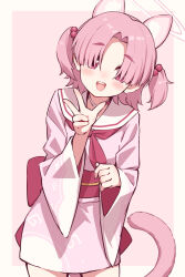 Rule 34 | 1girl, animal ears, blue archive, blush, cat ears, cat tail, chlorella observation club member (blue archive), cowboy shot, hair over eyes, halo, highres, japanese clothes, kimono, looking at viewer, mikuru ism, neckerchief, obi, open mouth, pink eyes, pink hair, pink halo, pink kimono, red neckerchief, sailor collar, sash, short hair, smile, solo, tail, teeth, two side up, upper teeth only, white sailor collar