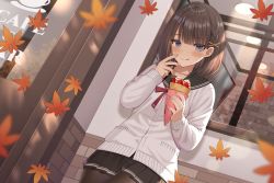 Rule 34 | 1girl, :q, autumn, autumn leaves, black pantyhose, black sailor collar, black skirt, blue eyes, blush, braid, brick wall, brown hair, building, cardigan, closed mouth, collarbone, commentary request, crepe, day, door, fingernails, food, fruit, hands up, highres, holding, holding food, izumo neru, leaf, long sleeves, looking at viewer, maple leaf, original, outdoors, pantyhose, pleated skirt, sailor collar, school uniform, serafuku, skirt, sleeves past wrists, smile, solo, strawberry, tongue, tongue out, white cardigan, window