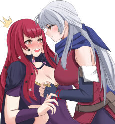 Rule 34 | 2girls, alternate breast size, bare shoulders, black cape, black gloves, blue scarf, blush, bodysuit, breasts, brown eyes, cape, choker, cleavage, clothing cutout, dress, elbow gloves, facial mark, fingerless gloves, fire emblem, fire emblem: radiant dawn, fire emblem engage, full-face blush, gloves, grey hair, hair ornament, hair ribbon, half updo, hand on another&#039;s face, highres, jewelry, large breasts, long hair, looking at another, micaiah (fire emblem), multiple girls, nintendo, open mouth, peli cantaro, red eyes, red hair, ribbon, scarf, simple background, sleeveless, sleeveless dress, smile, star (symbol), star facial mark, star hair ornament, upper body, white background, yellow eyes, yunaka (fire emblem), yuri