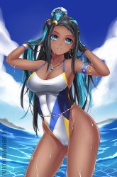 Rule 34 | 1girl, armlet, belly chain, black hair, blue eyes, bracelet, breasts, cameltoe, cleavage, collarbone, competition swimsuit, cowboy shot, creatures (company), dark-skinned female, dark skin, day, earrings, eyeliner, game freak, gym leader, hair ornament, highleg, highres, hoop earrings, jewelry, large breasts, leotard, looking at viewer, makeup, midnight (banyex), multicolored hair, necklace, nessa (pokemon), nintendo, one-piece swimsuit, outdoors, patreon username, pendant, pokemon, pokemon swsh, solo, standing, swimsuit, two-tone hair, water, watermark, web address, wet