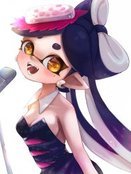 Rule 34 | + +, 1girl, arms at sides, bare shoulders, blush, bow-shaped hair, breasts, callie (splatoon), cleavage, detached collar, earrings, fangs, female focus, happy, highres, inkling, jewelry, jumpsuit, leaning forward, long hair, looking at viewer, medium breasts, microphone, microphone stand, mole, mole under eye, music, nintendo, nu (ura mya pain), object on head, open mouth, parted bangs, pointy ears, purple hair, purple jumpsuit, short jumpsuit, simple background, singing, smile, solo, splatoon (series), splatoon 1, standing, teeth, tentacle hair, tentacles, thick eyebrows, twintails, upper body, white background, yellow eyes