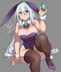 Rule 34 | 1girl, 2020, agawa ryou, animal ears, bare shoulders, blue eyes, blue hair, bow, breasts, brown thighhighs, cleavage, commentary, covered navel, cuffs, dated, detached collar, ears down, easter egg, egg, fake animal ears, grey background, hair between eyes, large breasts, leotard, long hair, looking at viewer, original, parted lips, playboy bunny, purple bow, purple leotard, purple ribbon, rabbit ears, ribbon, simple background, solo, thighhighs, very long hair