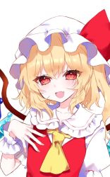 Rule 34 | 1girl, :d, ascot, blonde hair, blush, bow, buttons, center frills, closed mouth, commentary request, crystal, eyelashes, fang, finger to mouth, fingernails, flandre scarlet, flat chest, frilled shirt collar, frilled skirt, frills, hat, hat ribbon, highres, looking at viewer, mob cap, multicolored wings, one eye closed, one side up, open mouth, puffy short sleeves, puffy sleeves, red eyes, red ribbon, red skirt, red vest, ribbon, rori82li, shirt, short hair, short sleeves, simple background, skin fang, skirt, smile, solo, standing, touhou, vest, white background, white hat, white shirt, wings, wrist cuffs, yellow ascot