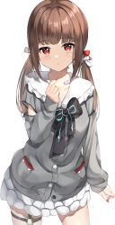 Rule 34 | 1girl, bandaid, black bow, bow, brown hair, closed mouth, collarbone, commentary request, dress, finger heart, grey dress, hand up, highres, keiran (ryo170), layered skirt, long hair, long sleeves, looking at viewer, low twintails, nail polish, original, pleated skirt, puffy long sleeves, puffy sleeves, red eyes, red nails, simple background, skirt, sleeves past wrists, solo, twintails, white background, white skirt