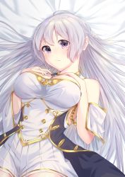 Rule 34 | 1girl, azur lane, bed sheet, braid, breasts, cleavage, commentary request, detached collar, detached sleeves, grey eyes, hair between eyes, hands on own chest, highres, large breasts, long hair, looking at viewer, lying, on back, pleated skirt, rodney (azur lane), sidelocks, silver hair, simple background, single braid, skirt, solo, strapless, tsukiman