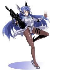 Rule 34 | absurdres, assault rifle, blue hair, bow, bowtie, brown pantyhose, bullpup, fingerless gloves, full body, girls&#039; frontline, gloves, gun, hexagram, highres, iwi tavor, jacket, lazy ant, leotard, long hair, long sleeves, pantyhose, rifle, robot ears, shoes, simple background, standing, standing on one leg, star of david, tailcoat, tar-21 (girls&#039; frontline), weapon, white background, white footwear, white jacket, white leotard, yellow eyes