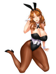 Rule 34 | 1girl, animal ears, breasts, brown hair, brown pantyhose, cleavage, covered erect nipples, damegane, earrings, fake animal ears, full body, highres, huge breasts, jewelry, leotard, long hair, mylu00e9ne (damegane), original, pantyhose, playboy bunny, rabbit ears, simple background, smile, solo, thick thighs, thighs, white background, yellow eyes