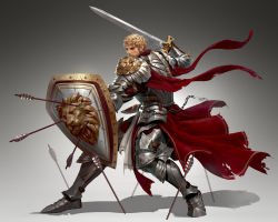 Rule 34 | 1boy, armor, arrow (projectile), beard, blonde hair, cape, chain, facial hair, fighting stance, highres, kang nk, knight, leg armor, lion, loincloth, looking at viewer, male focus, manly, mature male, muscular, muscular male, original, shield, short hair, shoulder armor, shoulder pads, skirt, solo, spiked hair, sword, warrior, weapon