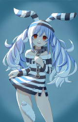 Rule 34 | 1girl, absurdres, animal ears, blue hair, blush, chain, collar, don-chan (usada pekora), dress, empty eyes, hand on own chest, hat, highres, hololive, long hair, looking at viewer, metal collar, multicolored hair, off-shoulder dress, off shoulder, open mouth, prison clothes, rabbit ears, rukimi8787, safety pin, skirt hold, smile, solo, streaked hair, striped clothes, striped dress, striped headwear, thick eyebrows, torn clothes, torn dress, twintails, two-tone hair, usada pekora, usada pekora (prisoner), very long hair, virtual youtuber, white hair