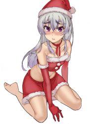 Rule 34 | 1girl, blush, chaika trabant, christmas, elbow gloves, gloves, hare (haaale), hat, highres, hitsugi no chaika, long hair, looking at viewer, navel, open mouth, purple eyes, santa costume, santa hat, simple background, skirt, solo, white background, white hair
