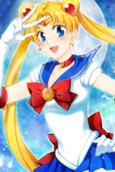 Rule 34 | 1990s (style), 1girl, bad id, bad pixiv id, bishoujo senshi sailor moon, bishoujo senshi sailor moon (first season), blonde hair, blue eyes, blue sailor collar, blue skirt, blush, bow, brooch, choker, crescent, crescent earrings, crescent moon, double bun, earrings, elbow gloves, eyes visible through hair, full moon, gedoooo, gloves, hair bun, hair ornament, hand on own hip, happy, jewelry, long hair, looking at viewer, magical girl, moon, neck, necklace, open mouth, parted bangs, red bow, red choker, retro artstyle, sailor collar, sailor moon, skirt, smile, solo, standing, tiara, tsukino usagi, twintails, v, very long hair, white gloves