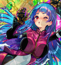 Rule 34 | 1girl, against fourth wall, against glass, blue hair, bodysuit, breast press, breasts on glass, cheek on glass, cheek squash, fourth wall, gloves, hand on glass, jacket, kula diamond, long hair, looking at viewer, one eye closed, onono imoko, paid reward available, red eyes, solo, the king of fighters, zipper