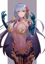 Rule 34 | 1girl, absurdres, armlet, armor, bikini armor, blush, border, breasts, cleavage, fate/grand order, fate (series), flower, grey background, hair ribbon, hands up, highres, jewelry, kama (fate), kama (third ascension) (fate), large breasts, long hair, looking at viewer, lotus, musicatopos, navel, parted lips, red eyes, red ribbon, ribbon, silver hair, smile, solo, space, star (sky), thighlet, thighs, white border
