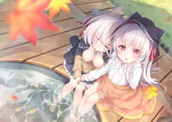 Rule 34 | 2girls, ahoge, braid, breasts, closed eyes, copyright request, eyes visible through hair, grass, hair ribbon, highres, jewelry, leaf, locket, long hair, long sleeves, maple leaf, multiple girls, open mouth, outdoors, pendant, pirason, pool, red eyes, ribbon, shoes, soaking feet, stitches, white hair, wooden deck
