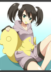 Rule 34 | 1girl, ar tonelico, black hair, blue background, buttons, casual, closed mouth, collarbone, commentary request, gradient background, green eyes, grey hoodie, grey shorts, hair between eyes, hair bobbles, hair ornament, head tilt, hood, hood down, hoodie, jampen, knee up, letterboxed, long sleeves, looking at viewer, misha arsellec lune, mouth hold, print hoodie, shiny skin, short hair, shorts, sitting, smile, solo, star (symbol), star print, stuffed toy, twintails
