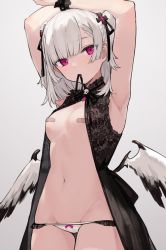 Rule 34 | 1girl, aiko (kanl), armpits, arms up, bandaid, bandaids on nipples, bare shoulders, black dress, breasts, cowboy shot, dress, gradient background, grey background, groin, hair ribbon, highres, looking at viewer, mouth hold, navel, open clothes, open dress, original, panties, pasties, pink eyes, ribbon, short hair, sleeveless, sleeveless dress, small breasts, solo, stomach, tana (aiko), two side up, underwear, white hair, white panties, wings