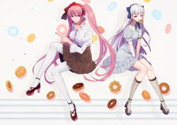 Rule 34 | 2girls, doughnut, food, fork, harano, highres, long hair, multiple girls, thighhighs, twintails