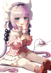 Rule 34 | 1girl, absurdres, beads, black hairband, blue eyes, blunt bangs, blush, capelet, dragon girl, dragon horns, dress, food, frilled capelet, frills, gradient hair, hair beads, hair ornament, hairband, highres, horns, ice cream, ice cream cone, kanna kamui, kobayashi-san chi no maidragon, light purple hair, long hair, looking at viewer, low twintails, multicolored hair, on floor, open mouth, pink hair, red footwear, sitting, solo, tail, thighhighs, twintails, white thighhighs, zipgaemi