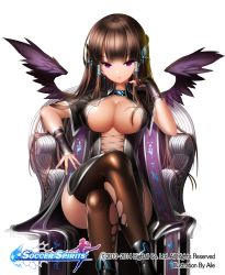 Rule 34 | 1girl, aile (crossroads), artist name, black gloves, black hair, black thighhighs, black wings, blush, breasts, chair, cleavage, crossed legs, feathered wings, gloves, hair ornament, large breasts, long hair, official art, open mouth, purple eyes, simple background, sitting, soccer spirits, solo, thighhighs, torn clothes, torn thighhighs, watermark, white background, wings, zadkiel (soccer spirits)