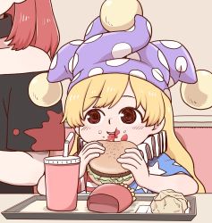 Rule 34 | 2girls, :t, american flag dress, black shirt, blonde hair, clownpiece, cup, disposable cup, fast food, food, food on face, french fries, burger, hat, hecatia lapislazuli, holding, holding food, indoors, jester cap, long hair, multiple girls, neck ruff, polka dot headwear, poronegi, purple headwear, red hair, shirt, short sleeves, touhou, tray, upper body