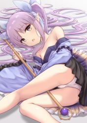 Rule 34 | 1girl, arata (xin), ass, bare shoulders, black skirt, blush, brown eyes, commentary request, hair ribbon, highres, holding, holding staff, kyoka (princess connect!), long hair, long sleeves, looking at viewer, lying, off shoulder, on side, open mouth, panties, pantyshot, pointy ears, princess connect!, purple hair, ribbon, skirt, solo, staff, thighs, twintails, underwear, very long hair, white panties, wide sleeves