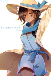 Rule 34 | 1girl, aged down, ana (overwatch), arm behind head, arm up, blue ribbon, blue shirt, blue shorts, bow, braid, breasts, brown eyes, brown hair, cabana ana, character name, cleavage, cowboy shot, dark-skinned female, dark skin, earrings, eyes visible through hair, facial tattoo, floral print, flower, hair flower, hair ornament, hat, hat bow, hat ribbon, jewelry, kaoruru (sakuno2911), long hair, looking at viewer, medium breasts, official alternate costume, overwatch, overwatch 1, pantyhose, parted lips, ribbon, shirt, shorts, simple background, single braid, smile, solo, sun hat, tattoo, twitter username, white background, white flower