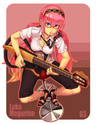 Rule 34 | 1girl, blue eyes, breasts, cleavage, duplicate, female focus, full body, glasses, instrument, large breasts, long hair, megurine luka, mouth hold, necktie, pink hair, polka dot, sandals, solo, very long hair, vocaloid, yakult, yuuji (and)