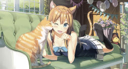 Rule 34 | 1girl, animal, animal ears, balloon, black socks, blue dress, blue ribbon, blush, building, cat, cat ears, cat tail, commentary request, couch, dress, fang, flower, kiriko (araragikoyomi), kneehighs, looking at viewer, lying, no shoes, on stomach, one eye closed, open mouth, orange hair, original, paw pose, plant, ribbon, socks, stuffed animal, stuffed toy, tail, teddy bear, window