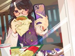 Rule 34 | 1girl, black hair, burger, cellphone, covered mouth, drink, eating, food, foreshortening, glasses, highres, holding, holding food, holding phone, indoors, kyomunohi, long hair, long sleeves, people, phone, smartphone, solo focus, touhou, tray, usami sumireko