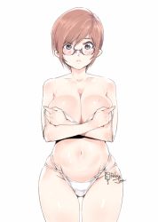 Rule 34 | 1girl, :&lt;, bare shoulders, bikini, black eyes, blush, breasts, brown hair, cleavage, closed mouth, collarbone, cowboy shot, frown, glasses, gluteal fold, large breasts, looking at viewer, mole, mole on breast, multi-strapped bikini, navel, original, purple-framed eyewear, relaxjon, short hair, simple background, skindentation, solo, stomach, swimsuit, untied bikini, white background, white bikini