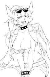Rule 34 | 1girl, belt bra, bowsette, bracelet, breasts, cleavage, collar, commentary, english commentary, fur trim, greyscale, grin, horns, jacket, jacket on shoulders, jewelry, large breasts, lineart, long hair, mario (series), maritan (pixelmaritan), monochrome, new super mario bros. u deluxe, nintendo, open mouth, ponytail, shorts, simple background, sitting, slit pupils, smile, solo, spiked bracelet, spiked collar, spikes, tongue, tongue out, white background